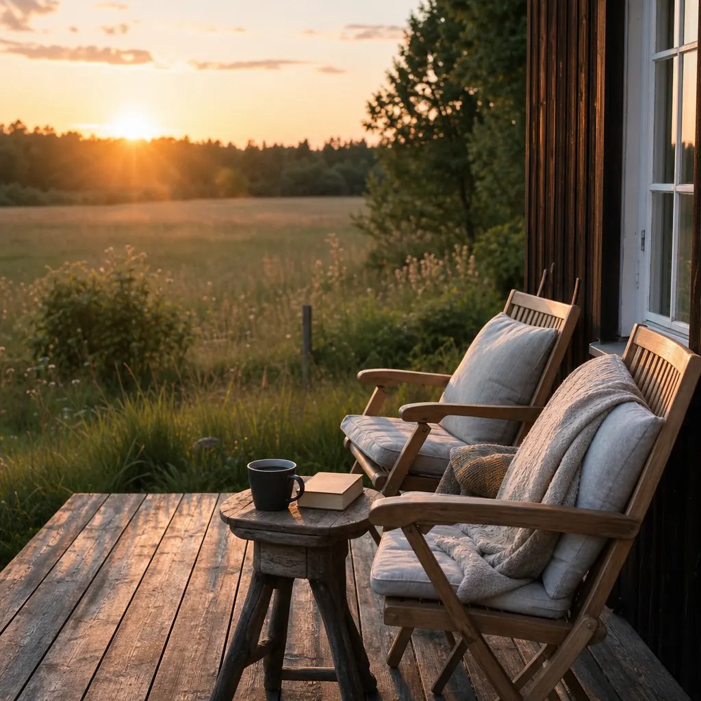 Sommarstuga med altan i kvällsljus