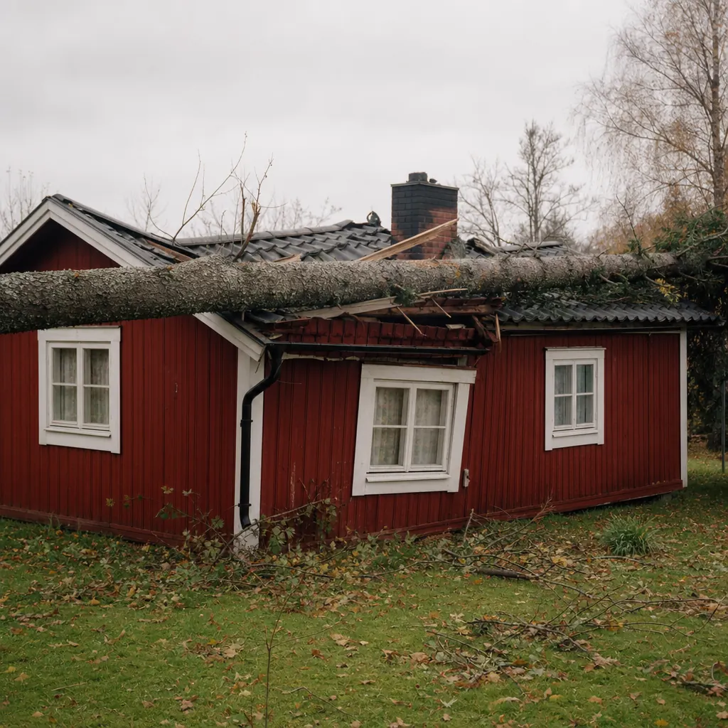 Stormskada — fallet träd på fritidshus
